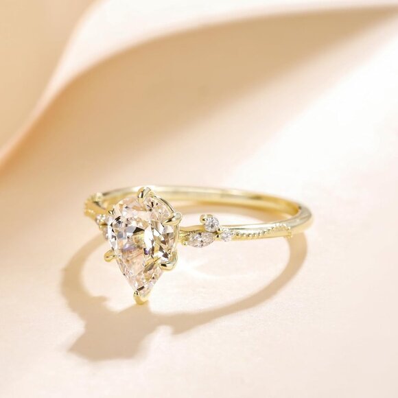 2CT 925 Sterling Silver Engagement Rings Pear Cut Wedding Teardrop Bridal Halo C - Picture 4 of 6